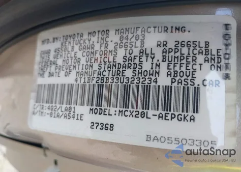 2003 Toyota Avalon Xls z USA, uszkodzony, nr VIN 4T1BF28B33U323234